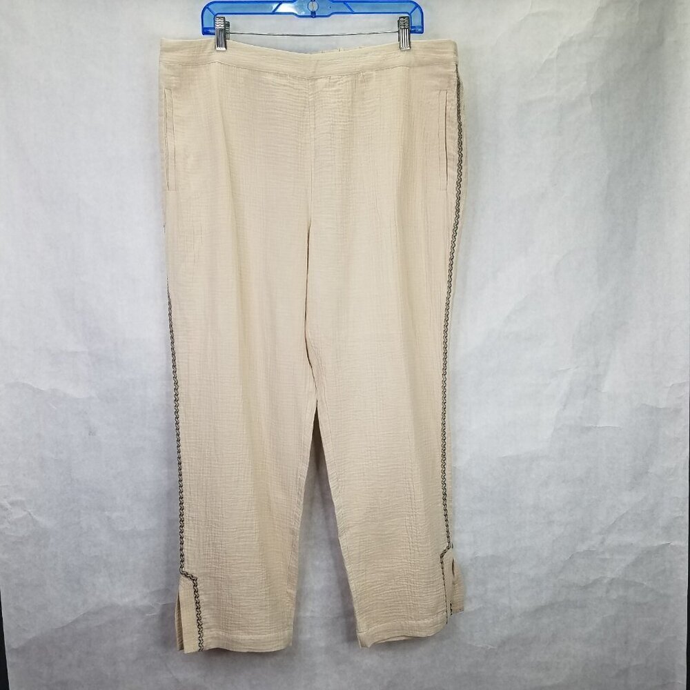 Soft Surroundings Gauze Pants Women XL Beige Wide Straight Leg Ankle Embroidery
